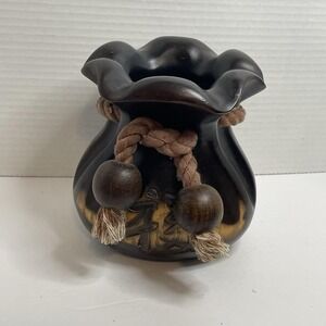 Japenese Blessing Bag Wooden Vase Folk Art Solid Wood Vintage 6" Wide & Tall